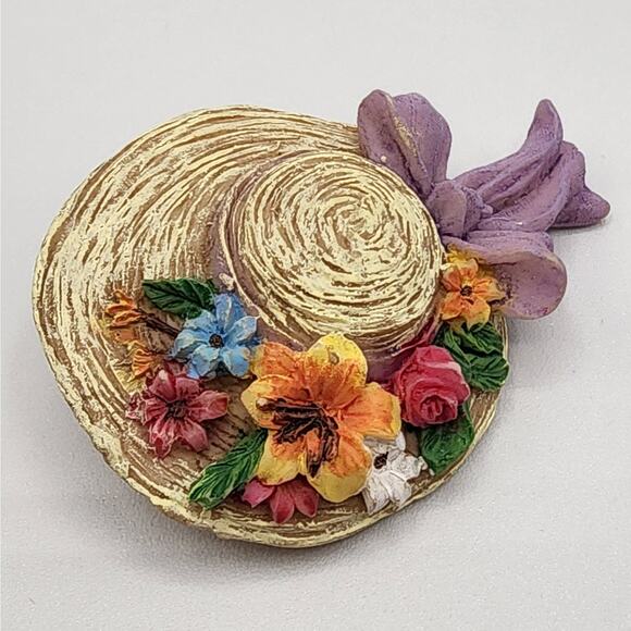 Vintage Resin Easter Bonnet Brooch • Straw Hat, Flowers & Purple Bow - Picture 2 of 5